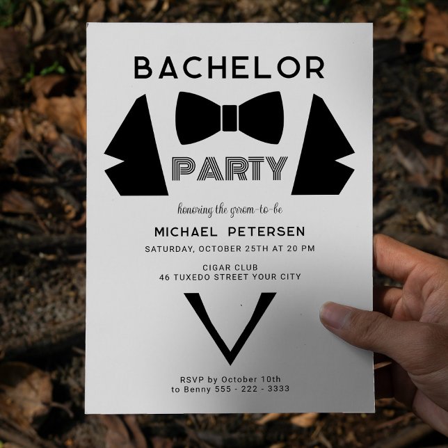 Tuxedo bow tie modern bachelor party invitation (Creator Uploaded)