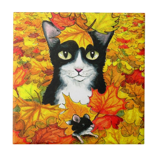 Tuxedo cat 447 fall autumn tile (Front)