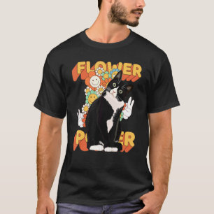 Tuxedo Cat 60s 70s Flower Floral Peace Sign T-Shirt