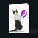 Tuxedo Cat 70th Birthday Balloon Card<br><div class="desc">Black and white cat with purple balloon and confetti on white background for 70th birthday.
White background colour can be changed.</div>