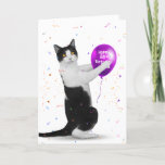 Tuxedo Cat 80th Birthday Balloon Card<br><div class="desc">Black and white cat with purple balloon and confetti on white background for 80th birthday.
White background colour can be changed.</div>