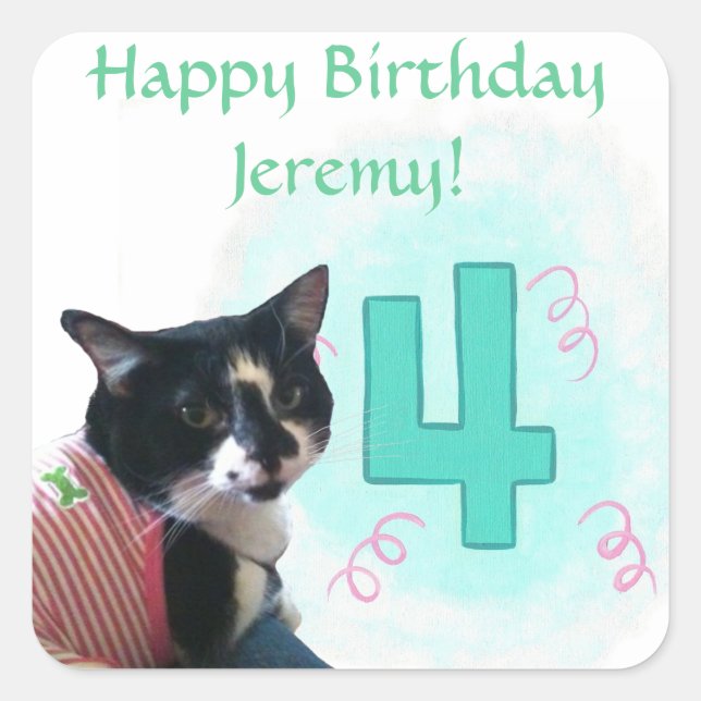Tuxedo Cat Age Four Happy Birthday Stickers (Front)