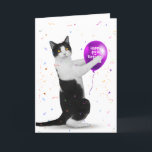 Tuxedo Cat and 95th Birthday Balloon Card<br><div class="desc">Black and white cat with purple balloon and confetti on white background for 95th birthday.
White background color can be changed.</div>