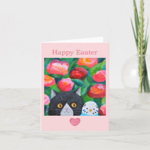 Tuxedo Cat and Blue Budge Unique Folk Art Easter   Card