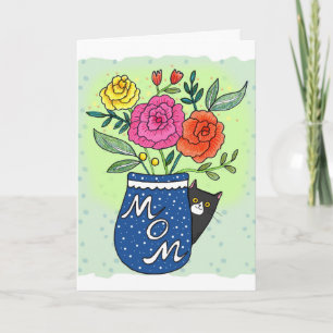 Tuxedo Cat and Flowers Custom Text Mother's Day Card