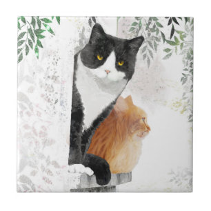 Tuxedo Cat and Ginger Cat Hanging Out Ceramic Tile