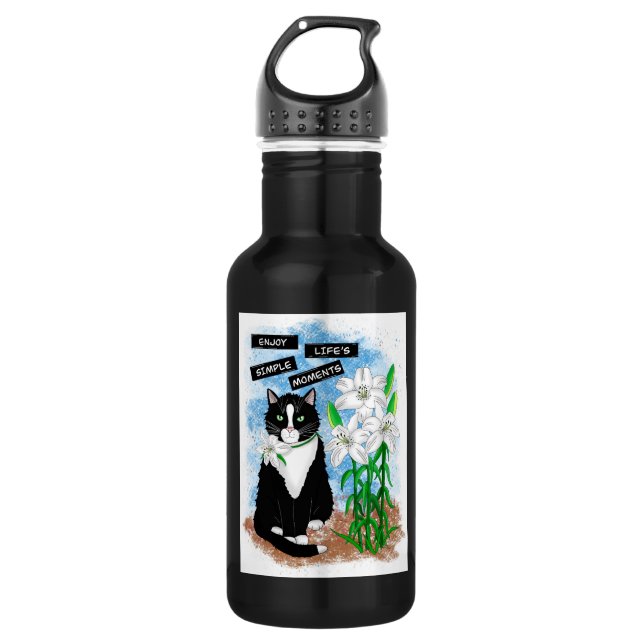 Tuxedo Cat and Lilies | Inspirational Quote 532 Ml Water Bottle (Front)