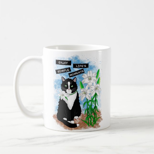 Tuxedo Cat and Lilies | Inspirational Quote Coffee Mug (Left)