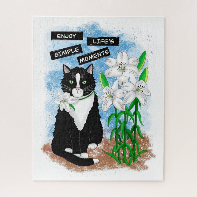 Tuxedo Cat and Lilies | Inspirational Quote Jigsaw Puzzle (Vertical)