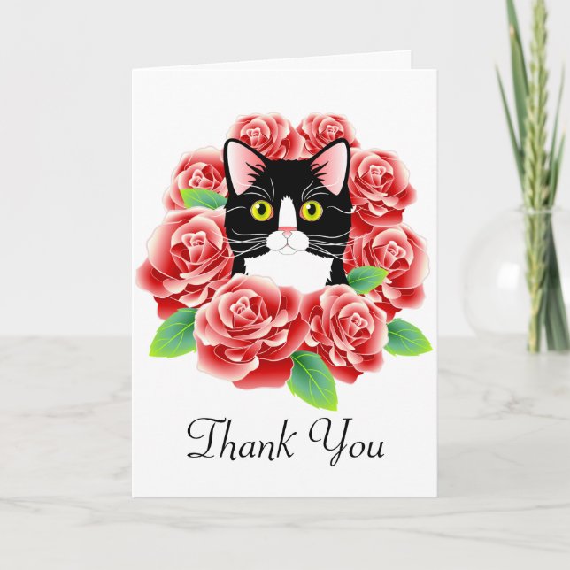Tuxedo Cat and Roses Cute Thank You card (Front)
