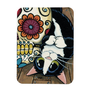 Tuxedo Cat and Sugar Skull Illustration Magnet