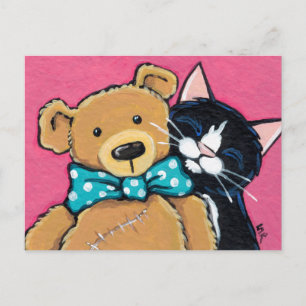 Tuxedo Cat and Teddy Bear with Bow Tie Postcard