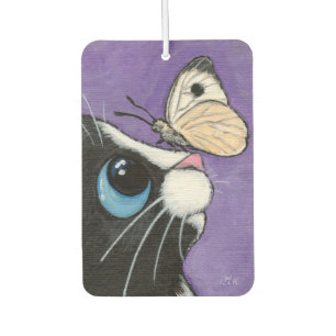 Tuxedo Cat and White Butterfly Illustration Car Air Freshener