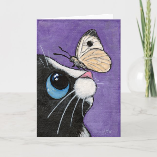 Tuxedo Cat and White Butterfly Painting Card (Front)