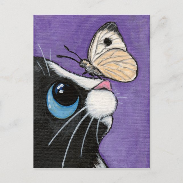Tuxedo Cat and White Butterfly Painting Postcard (Front)