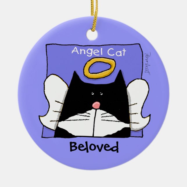Tuxedo Cat Angel Personalise Ceramic Tree Decoration (Front)