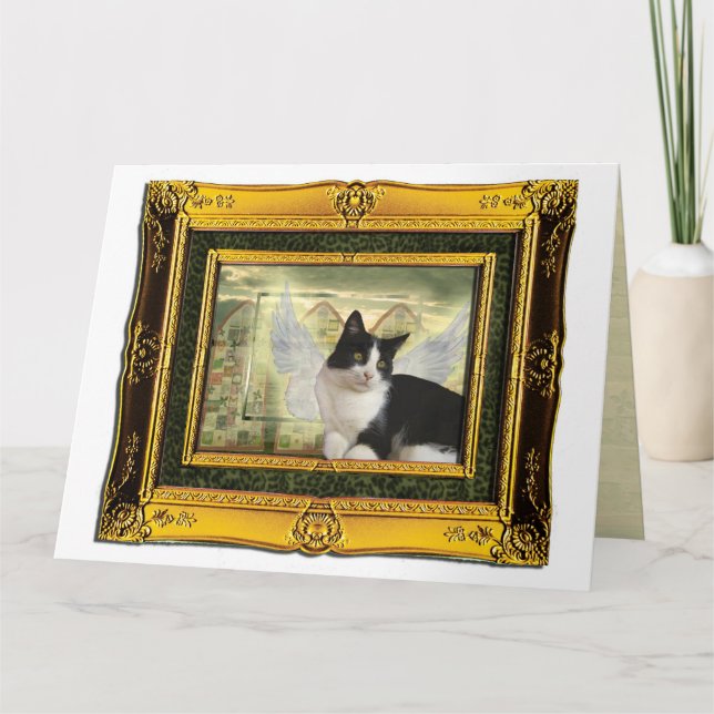 Tuxedo Cat Angel Pet Sympathy Card gold frame (Front)