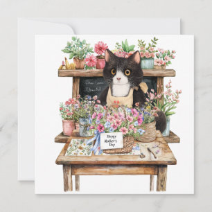 Tuxedo cat arranging flower Mother;s Day  Holiday Card