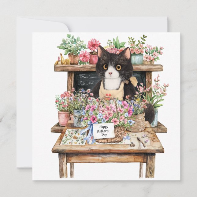 Tuxedo cat arranging flower Mother;s Day  Holiday Card (Front)