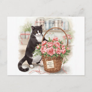 Tuxedo Cat arranging flowers for Mother's Day Holiday Postcard