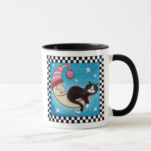 Tuxedo Cat Asleep on the Moon   Cat Art Mug