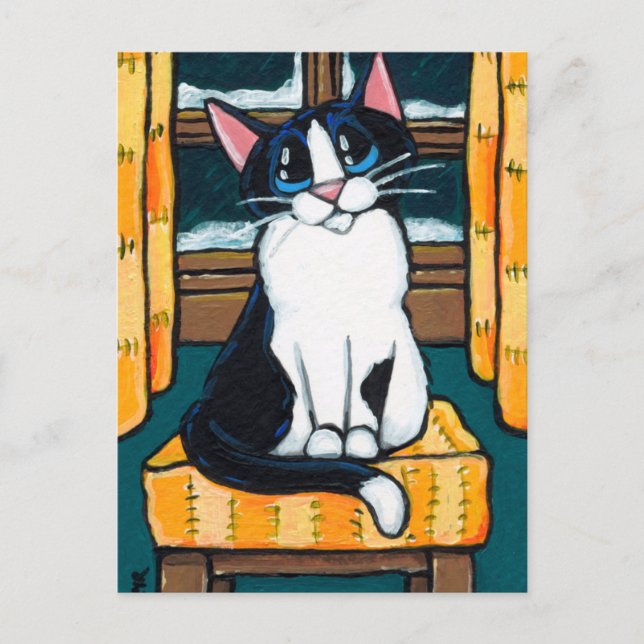 Tuxedo Cat at Snowy Window Painting Postcard (Front)