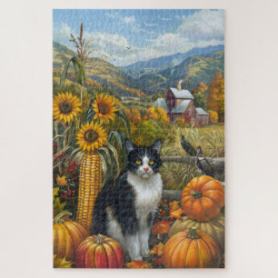 Tuxedo Cat Autumn Harvest Thanksgiving Jigsaw Puzzle