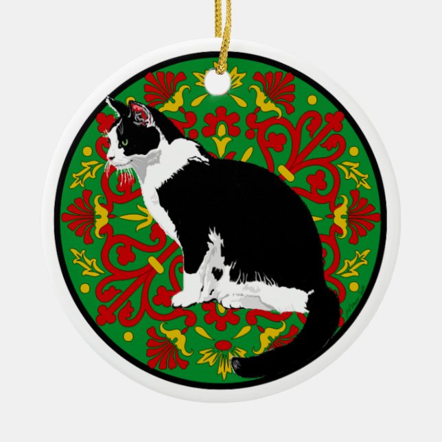 Tuxedo Cat Baroque Ceramic Tree Decoration (Front)