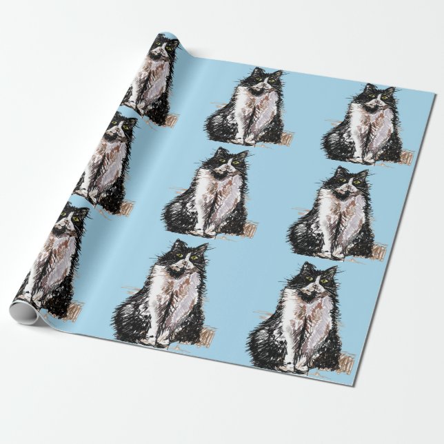 Tuxedo Cat Black and White Cats Blue Lovers Wrapping Paper (Unrolled)