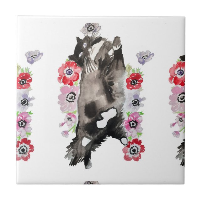 Tuxedo Cat Black and White Cats floral pink Tile (Front)