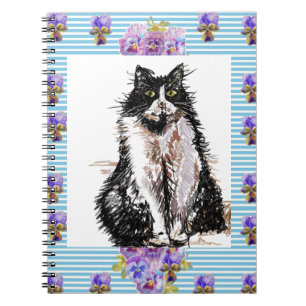 Tuxedo Cat Black and White Cats Girls Blue Floral Notebook