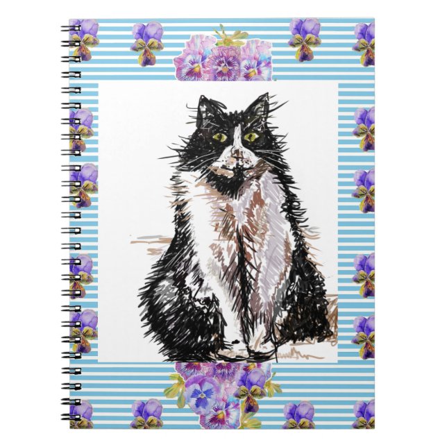 Tuxedo Cat Black and White Cats Girls Blue Floral Notebook (Front)