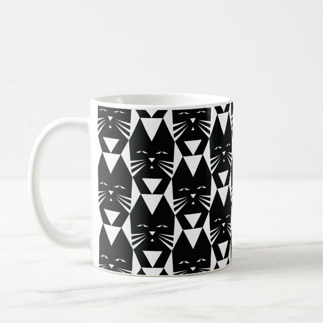Tuxedo Cat Black and White Geometric Pattern Coffee Mug (Left)