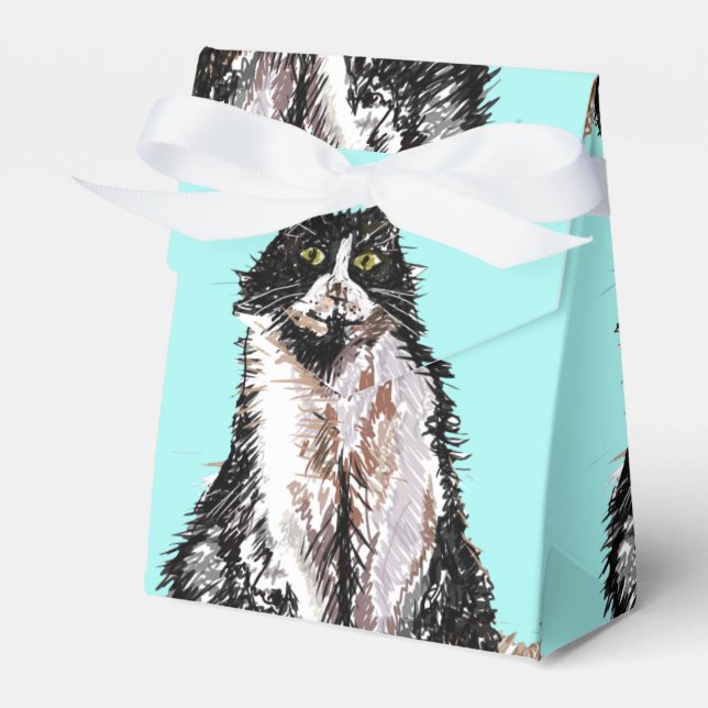 Tuxedo Cat Black White Cats Birthday Turquoise Fav Favour Box (Front Side)