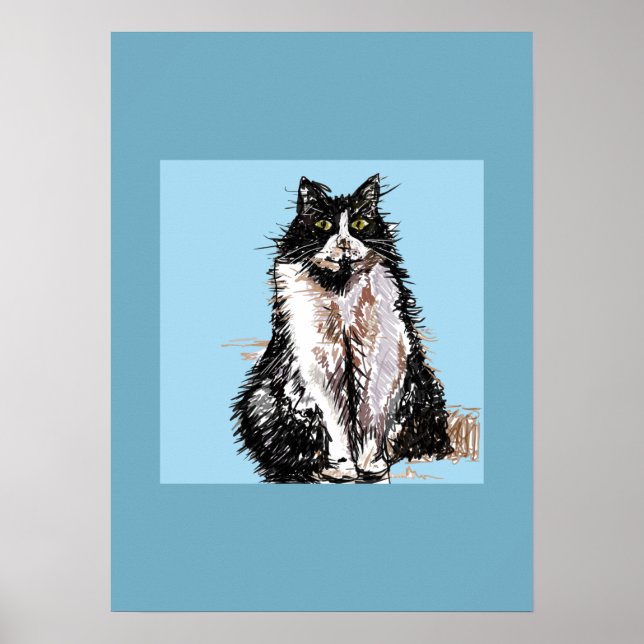 Tuxedo Cat Black White Cats Blue Poster (Front)