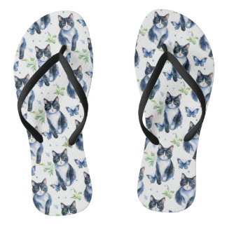 Tuxedo Cat & Butterflies Pattern Flip Flops