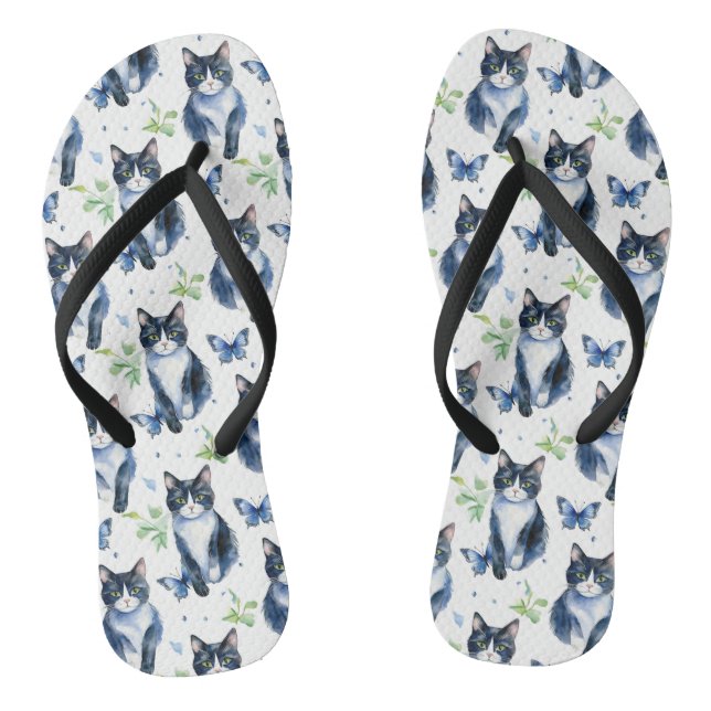 Tuxedo Cat & Butterflies Pattern Flip Flops (Footbed)