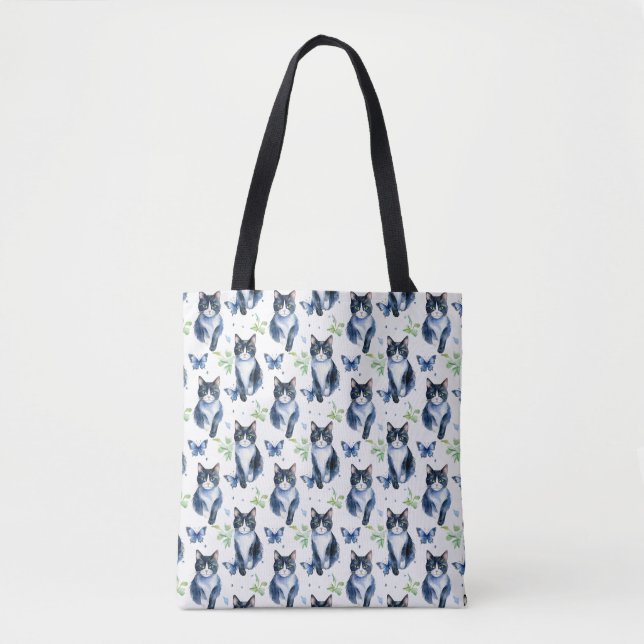 Tuxedo Cat & Butterflies Pattern Tote Bag (Front)