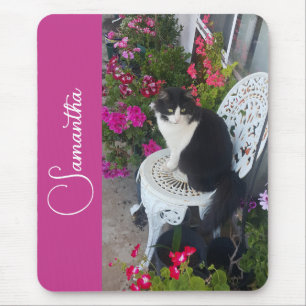 Tuxedo Cat Cats and Flowers Girls Name Dark Pink Mouse Mat