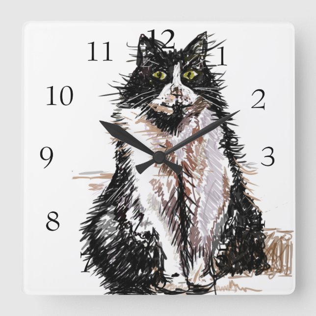 Tuxedo Cat Cats Art Animal Childs Nursery Room Square Wall Clock (Front)