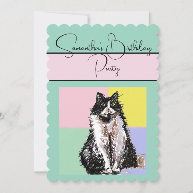 Tuxedo Cat Cats Green Birthday Party Invitation (Front)