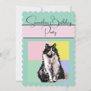 Tuxedo Cat Cats Green Birthday Party Invitation