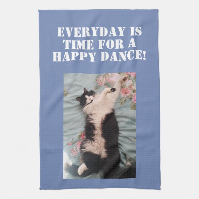 Tuxedo Cat cats Happy Dance Photo Kitchen Towel (Vertical)