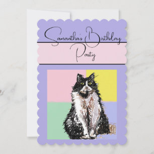Tuxedo Cat Cats Purple Birthday Party Invitation