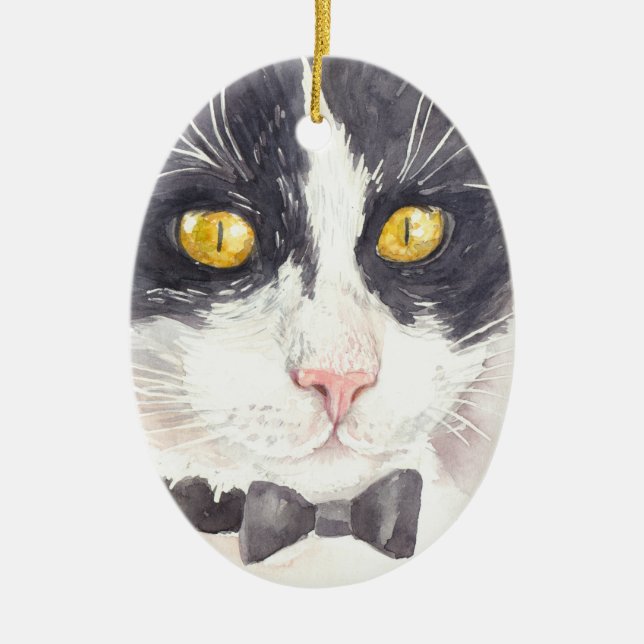 Tuxedo cat ceramic tree decoration (Front)