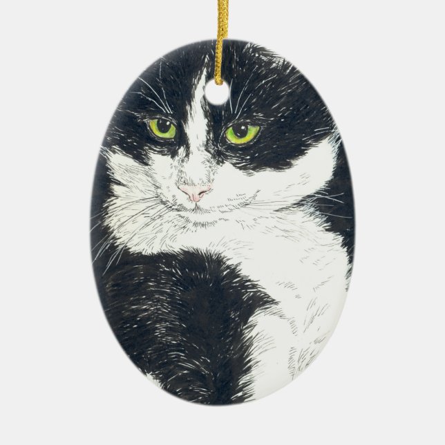 Tuxedo cat ceramic tree decoration (Front)