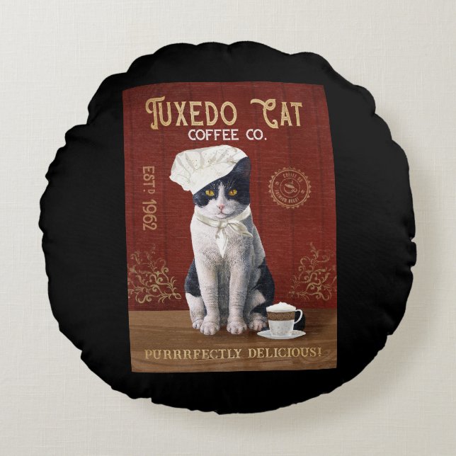 Tuxedo Cat Chef Coffee Love Tuxedo Lover Cat Life Round Cushion (Front)