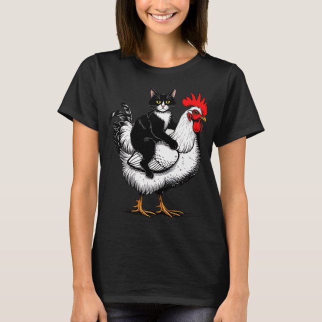 Tuxedo Cat Chicken Ride T-Shirt (Front)