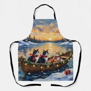Tuxedo Cat Christmas Boat Holiday Apron