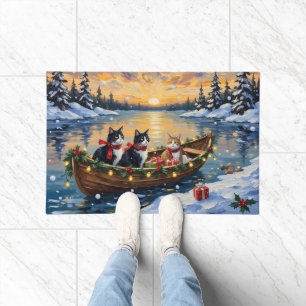 Tuxedo Cat Christmas Boat Holiday Doormat